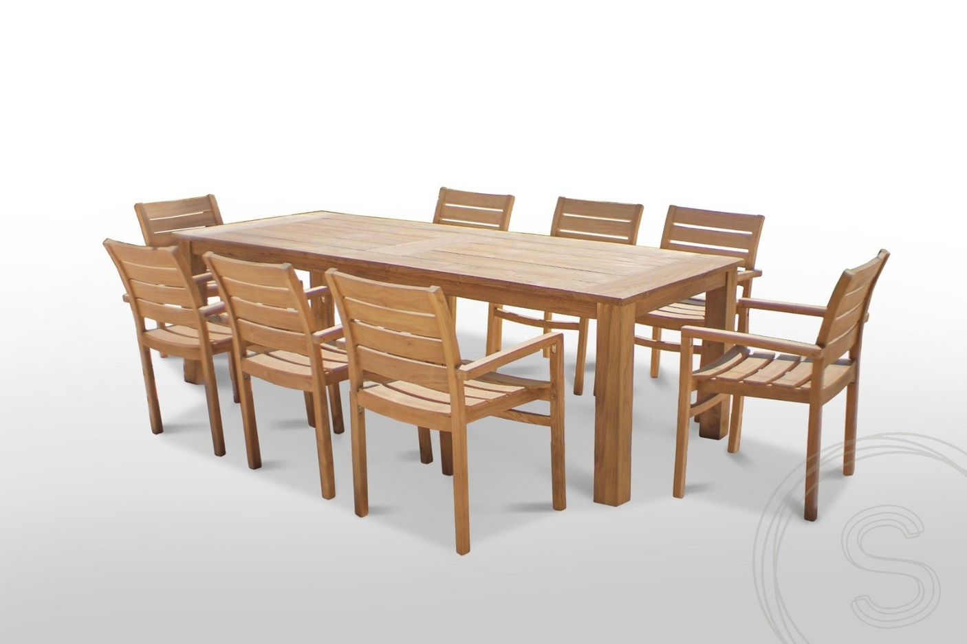 Teak Gartentisch 260 x 100 + 8 Gartenstühle Stacking
