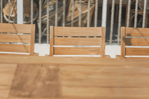 Teak Gartentisch 280 x 100 + 10 Gartenstühle Stacking
