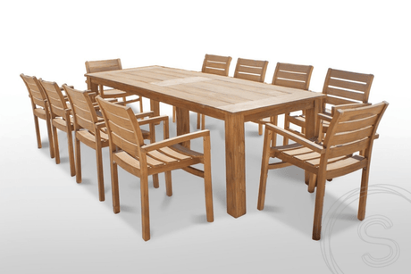 Teak Gartentisch 280 x 100 + 10 Gartenstühle Stacking

