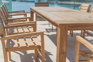 Teak Gartentisch 280 x 100 + 10 Gartenstühle Stacking
