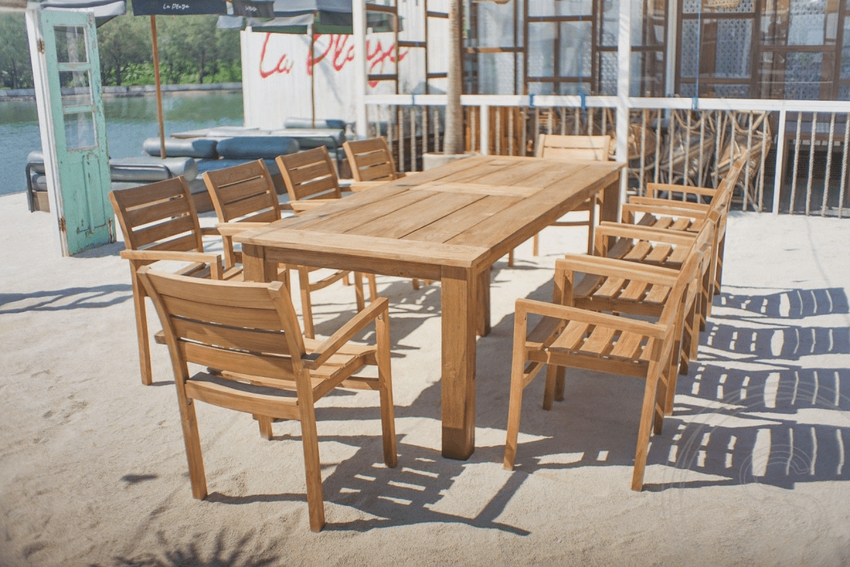 Teak Gartentisch 280 x 100 + 10 Gartenstühle Stacking
