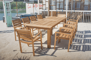 Teak Gartentisch 280 x 100 + 10 Gartenstühle Stacking
