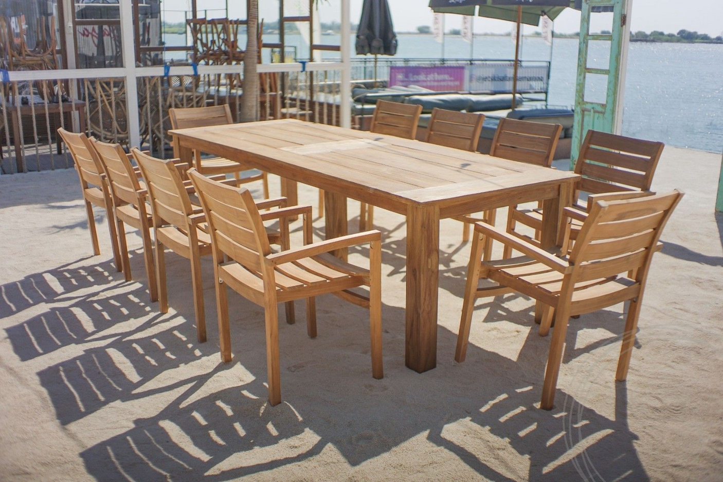 Teak Gartentisch 300 x 100 + 10 Gartenstühle Stacking