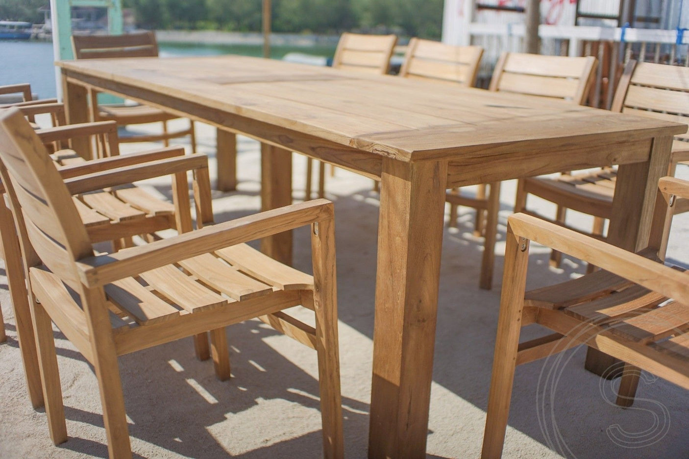 Teak Gartentisch 300 x 100 + 10 Gartenstühle Stacking
