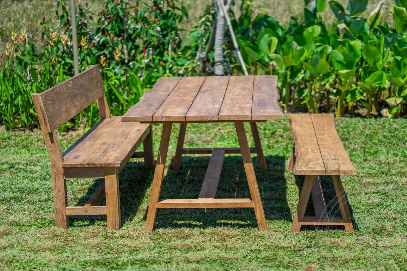 Teak Gartentisch Java 220 x 100 + Teak Gartenbank Java 220 + Teakholz Bank 200 Sandaran
