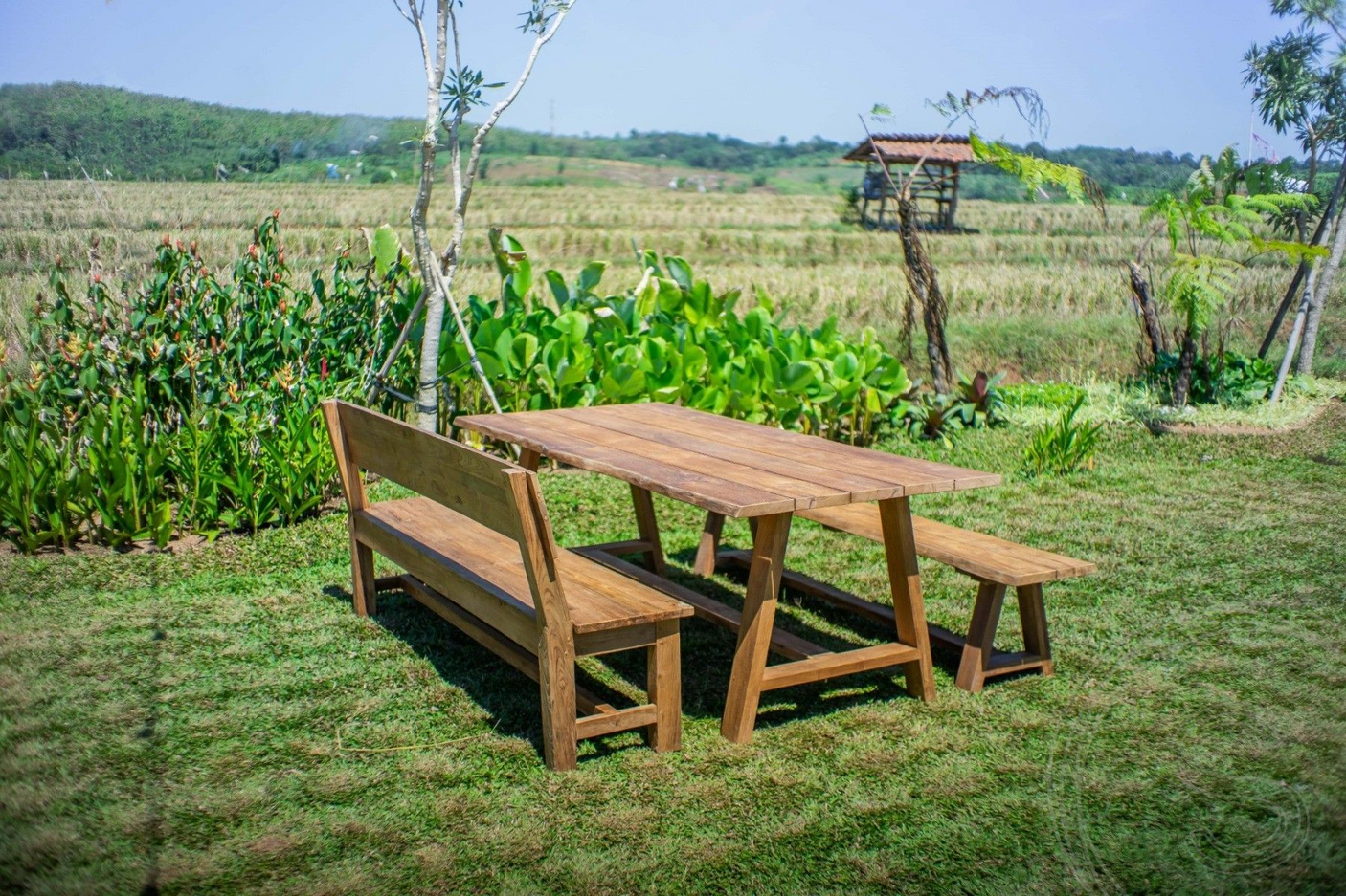 Teak Gartentisch Java 220 x 100 + Teak Gartenbank Java 220 + Teakholz Bank 200 Sandaran
