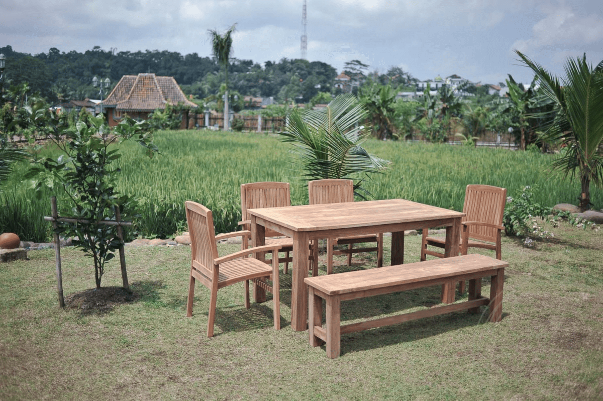 Teak Gartentisch 160x90cm + 4 Stapelstühle + Bank