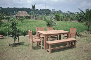 Teak Gartentisch 160x90cm + 4 Stapelstühle + Bank