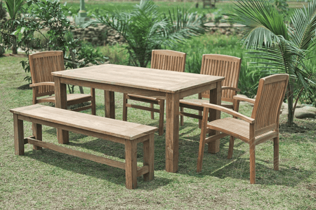 Teak Gartentisch 160x90cm + 4 Stapelstühle + Bank