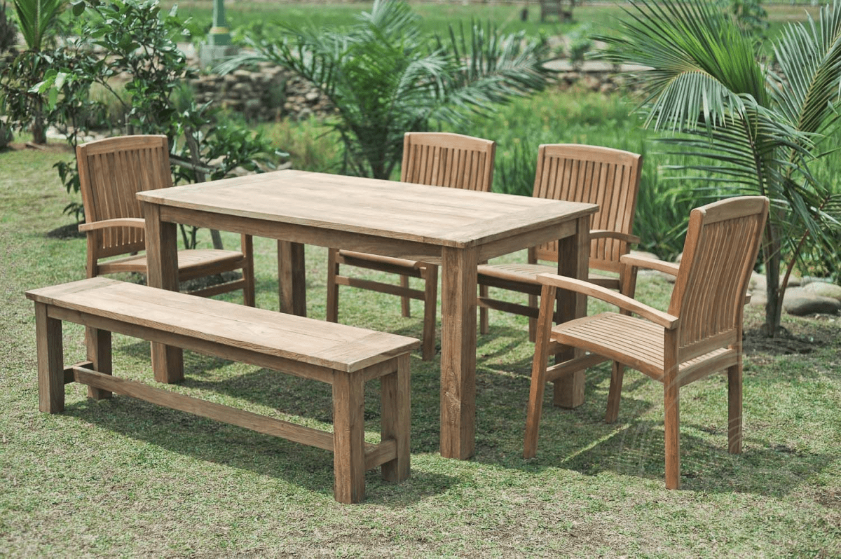 Teak Gartentisch 160x90cm + 4 Stapelstühle + Bank