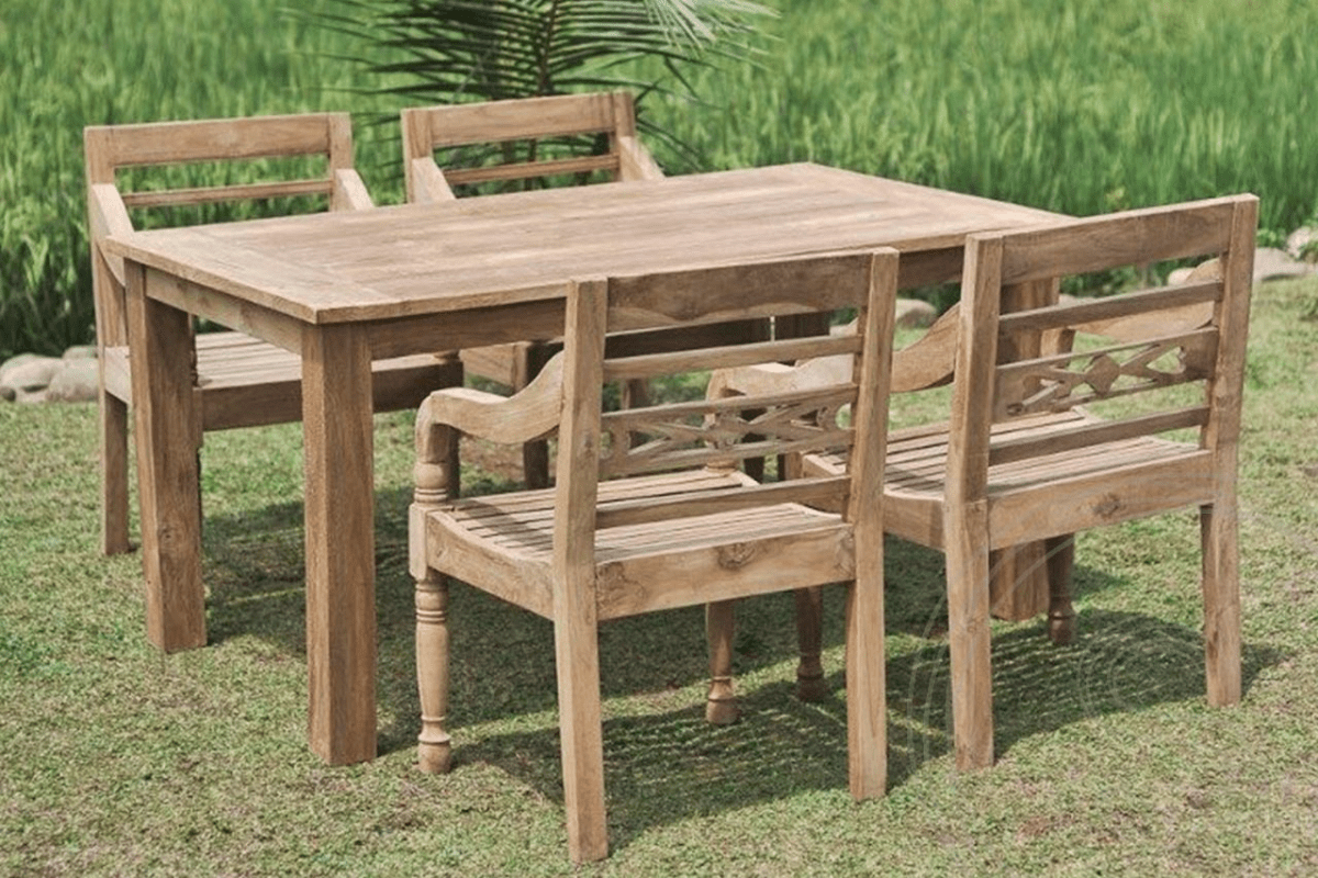 Teak Gartentisch 160x90cm + 4 Bahnhofstühle