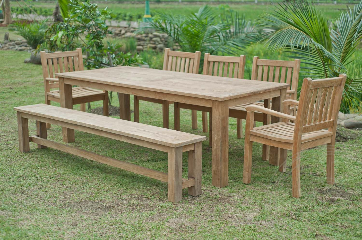 Teak Gartentisch 240x100cm + 5 Beaufort Stühle + Bank
