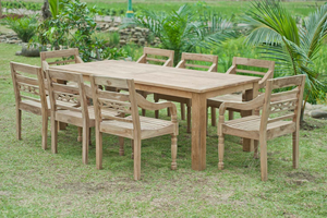 Teak Gartentisch 260 x 100 + 8 Gartenstühle Stacking
