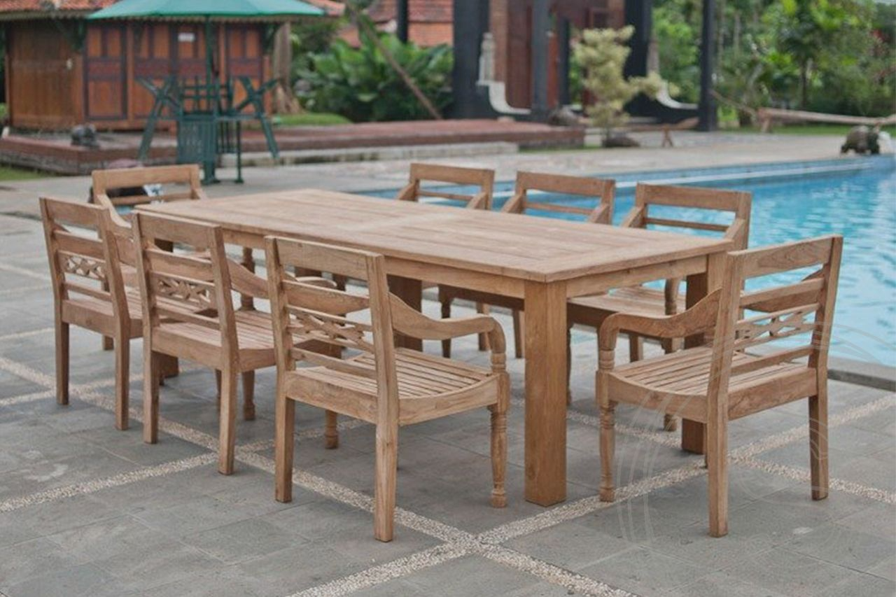 Teak Gartentisch 260x100cm + 8 Bahnhofstühle