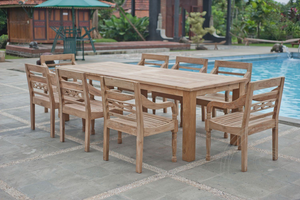 Teak Gartentisch 260x100cm + 8 Bahnhofstühle