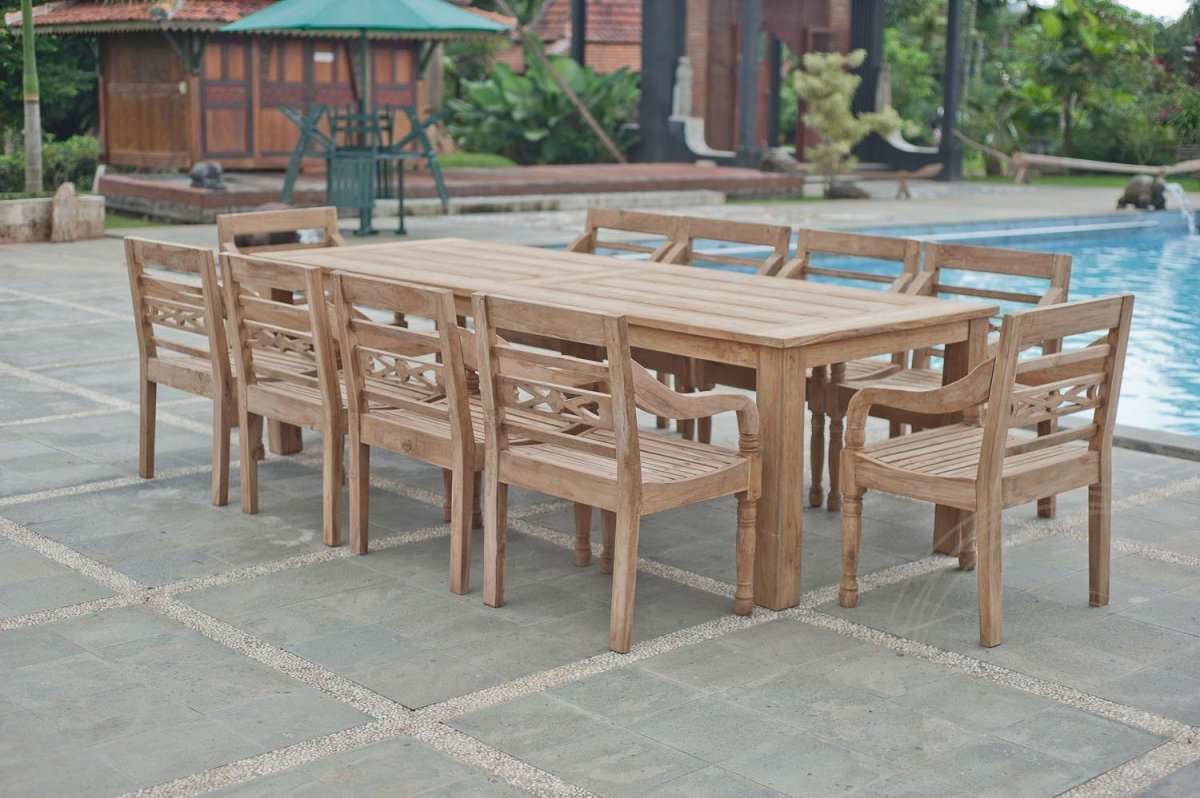 Teak Gartentisch 280x100cm + 10 Stapelstühle