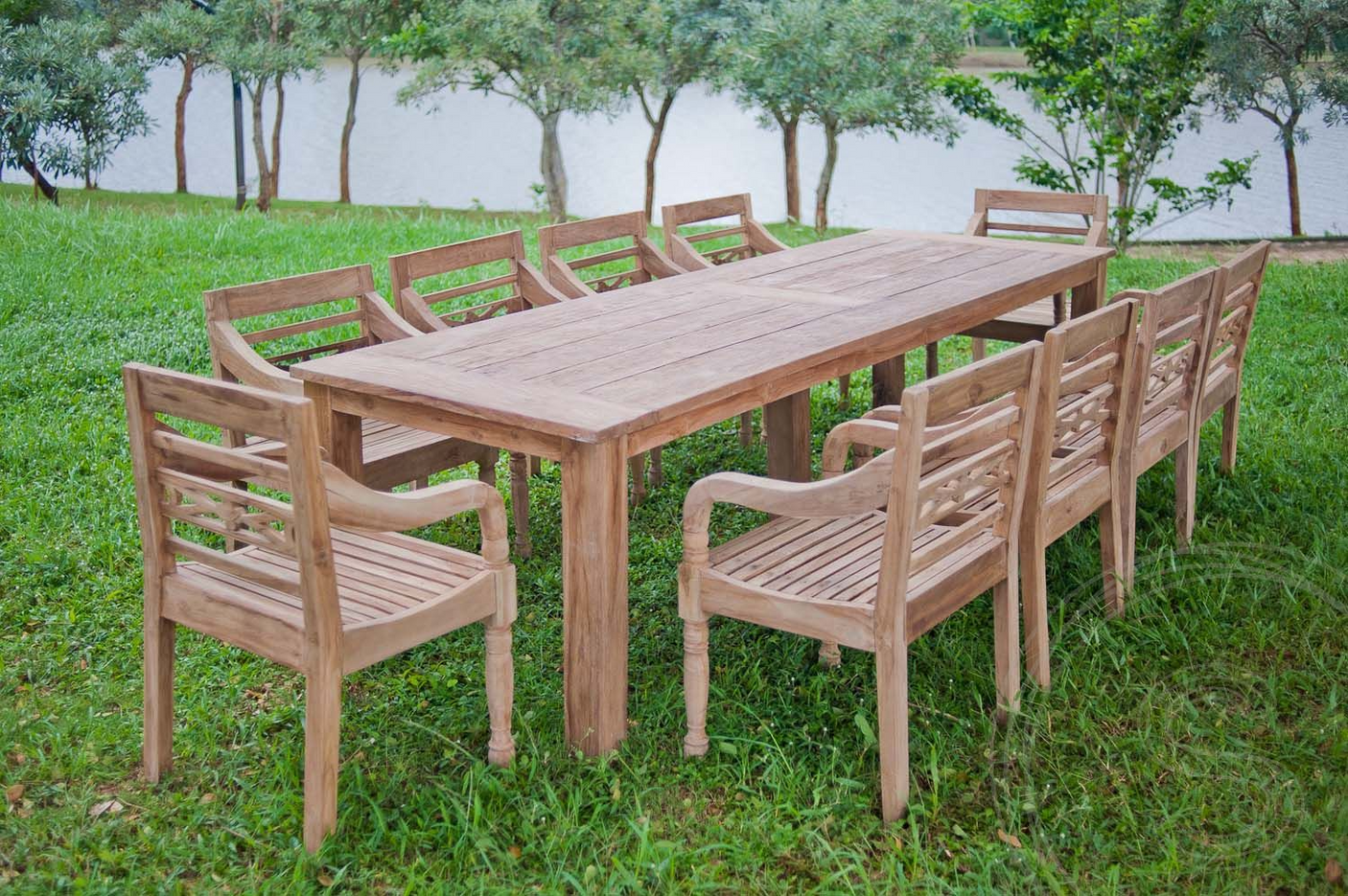 Teak Gartentisch 300x100cm + 10 Bahnhofstühle