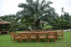 Teak Gartentisch 400x100cm + 12 Bahnhofstühle