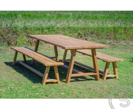 Teak Gartentisch Java 240 x 100 + 2 Teak Gartenbänke Java 240