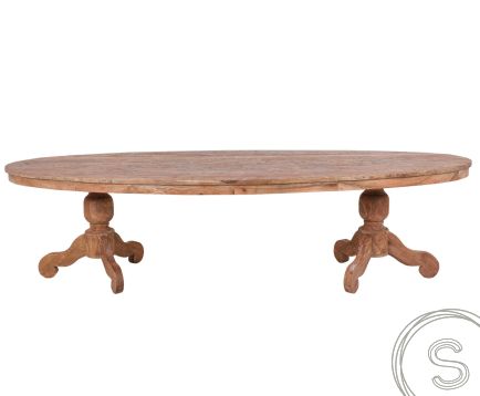 Ovale teak tafel 300x120cm oud hout