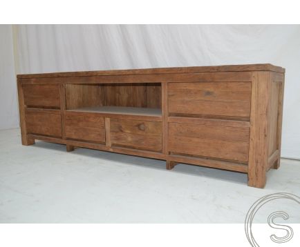 Teak tv-meubel oud hout 200cm greeploos 